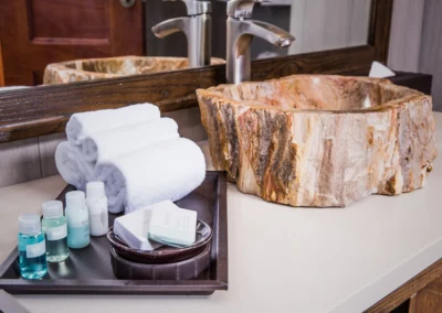 A hotel bathroom with elegant amenities at Crocs Resort